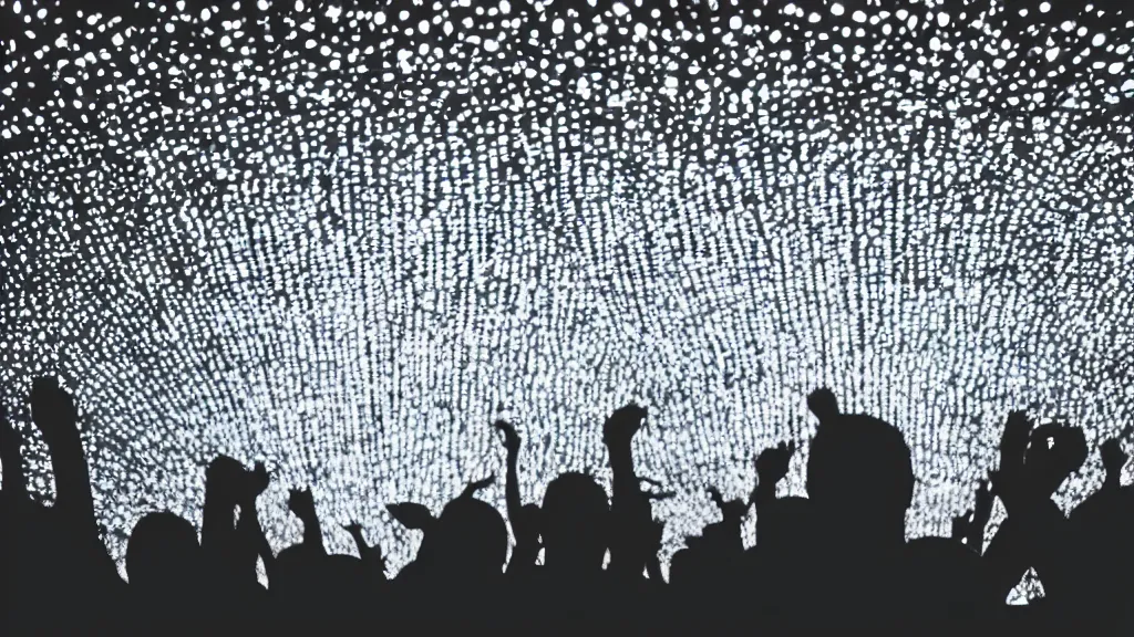 Image similar to crowd of people silhouetted against a white led wall, hazy, film still