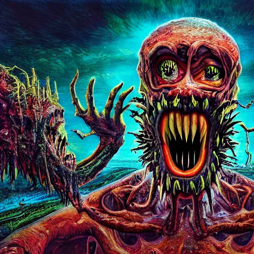 Image similar to a high hyper detailed painting with complex and striking textures of a horrible and psychotic monstrous head with an open mouth, pointed teeth and several eyes, from its mouth come out several monsters and deformed beings running and screaming, cosmic horror psychedelic magical realism octane render bizarre art, conceptual art