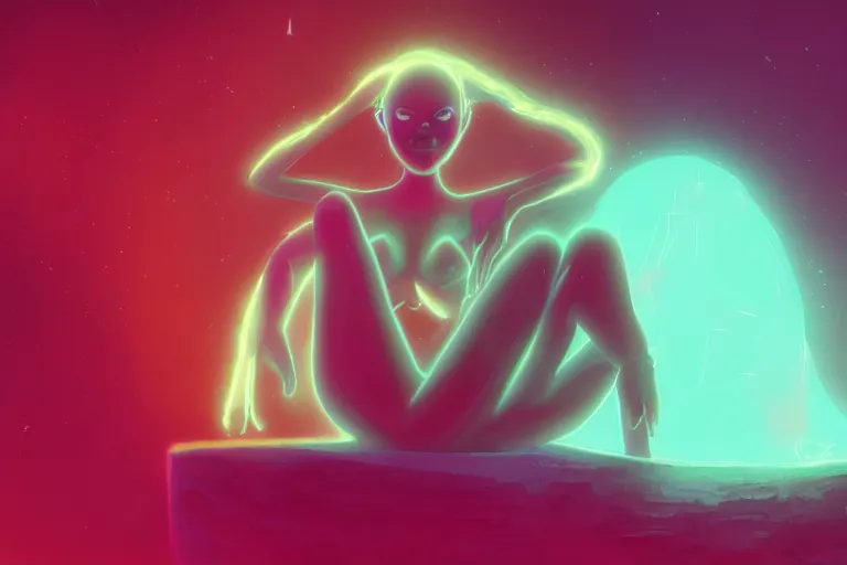 Prompt: a cute alien girl sitting on a cloud relaxing, misty, glows, digital painting, hazy, foggy, red lighting, ambient lighting, 8 k, neon, synthwave, cyberpunk,