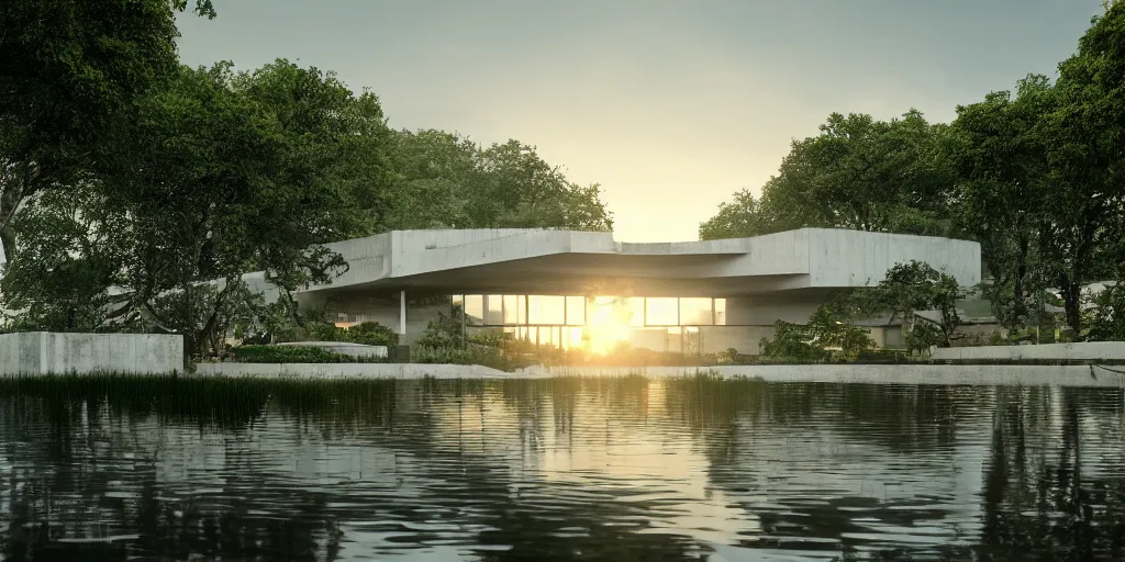 Prompt: a stunningly detailed arts center designed by Le Corbusier, surrounded by lush green forest, ponds of water, stunning volumetric lighting, sunset, metal, concrete, stunning skies, trending on Artstation, 8k, photorealistic, hyper detailed, unreal engine 5, IMAX quality, cinematic, epic lighting, in the style of Greg Rutkowski