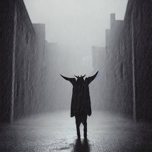 Image similar to A demonic goat man wearing a hood leaning on a wall in a dark alleyway during a rainstorm