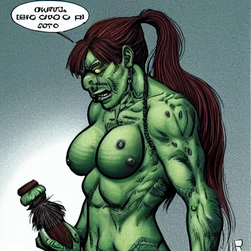 Prompt: a full character portrait of a toned physique green orc woman with a ponytail in full plate armor, by junji ito