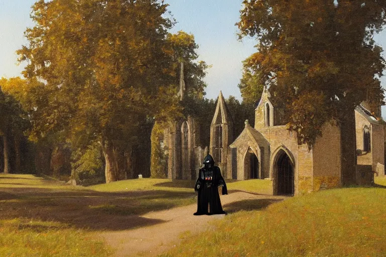 Image similar to a detailed oil painting of darth vader leaving a quaint norman flint church, english, churchyard, trees, golden hour, isometric