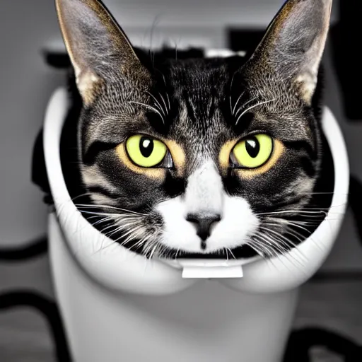 Prompt: a cat drinking out of the toilet