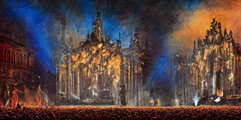 Image similar to Rammstein performing live on stage, 19th century cathedral style with lights and large sound speakers, by Megan Duncanson and Raphael Lacoste, detailed 3d gothic oil painting