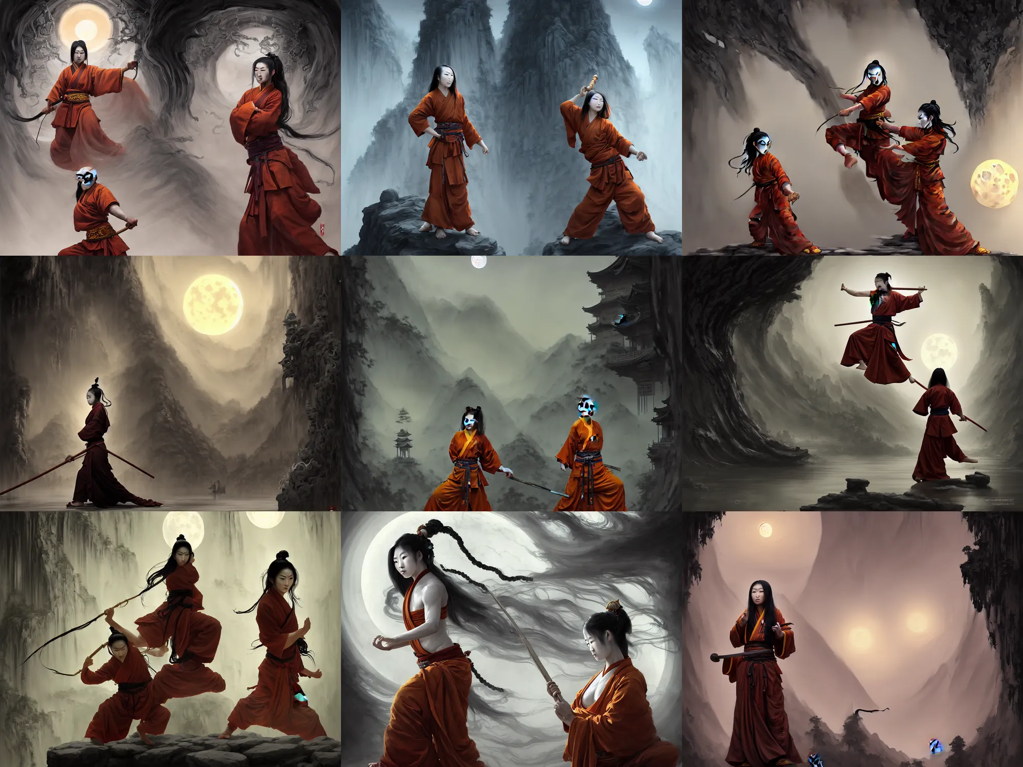 Prompt: Beautiful matte painting portrait of a beautiful Japanese shaolin kung fu master priestess with long flowing hair, set in a majestic shaolin temple art gallery with tall ceilings at night, magical lights, gigantic marble statues, gigantic pristine marble columns, wind, stunning moonlight and shadows, craig mullins, WLOP, NIXEU, Song Nan Li, Marc Simonetti, artstation, conceptartworld, cinematic