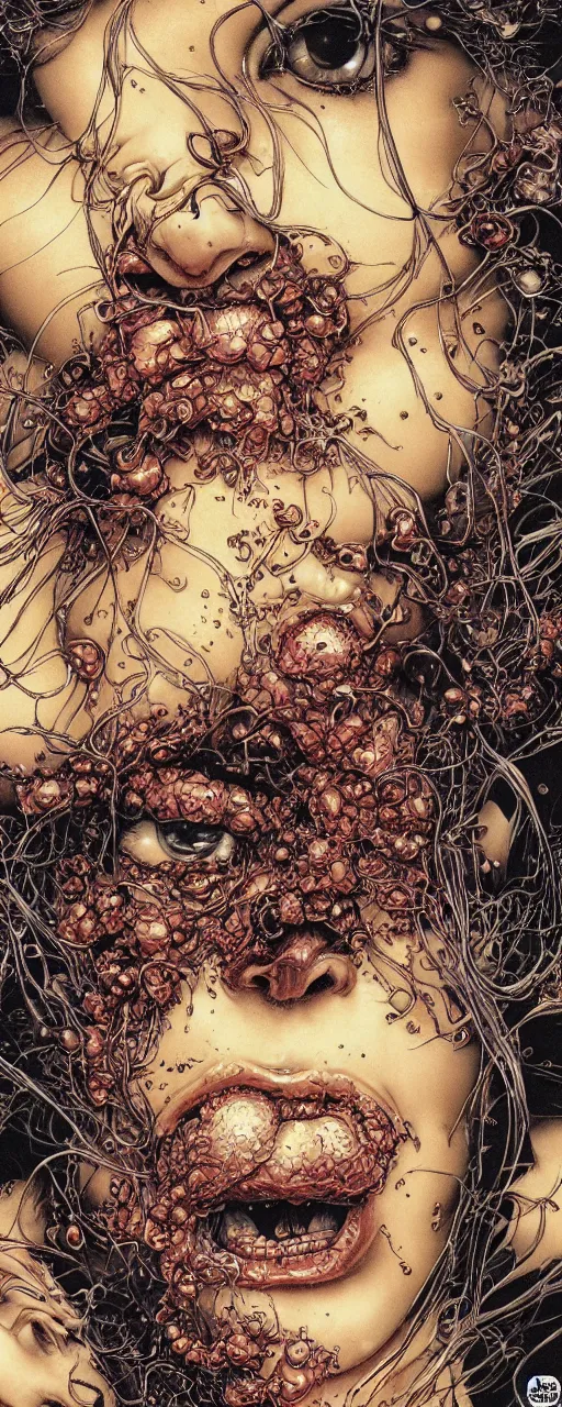 Image similar to closeup of face melting in agony been pulled by hands, inside a frame on a tiled wall, frontal picture, by yoichi hatakenaka, masamune shirow, josan gonzales and dan mumford, ayami kojima, takato yamamoto, karol bak