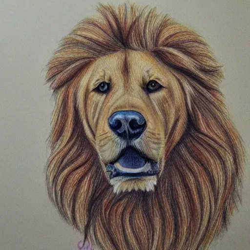 Image similar to finished drawing of a golden retriever lion, crayons. high details, photorealistic, artstation trending