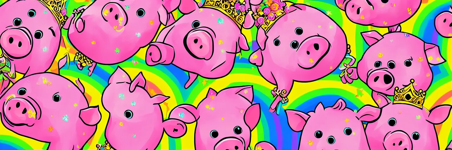 Image similar to illustration of cute pigs wearing gold crowns and rainbows digital art wallpaper by lisa frank, intricate illustration