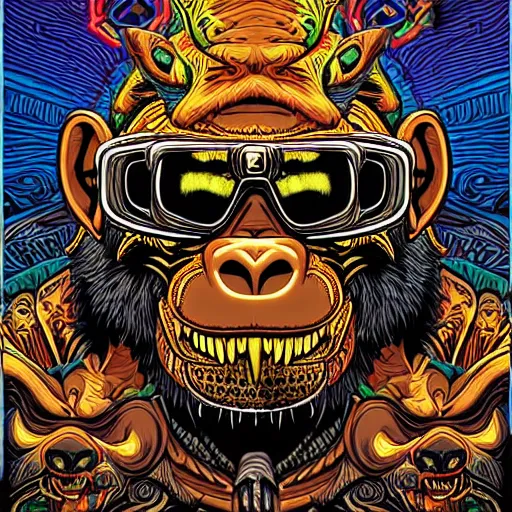 Prompt: barong family member with sunglasses, wiwek, mara demon, one single tribe member, jungle, one single mask, dark, ancient warrior, gorilla, lizard, tribal, inner glow, art by dan mumford and justin gerard