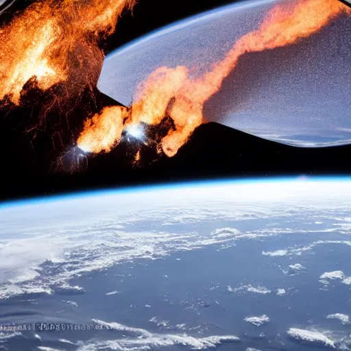 Image similar to photograph from the international space station window as planet earth breaks in half following a larger asteroid impact, fire explosions