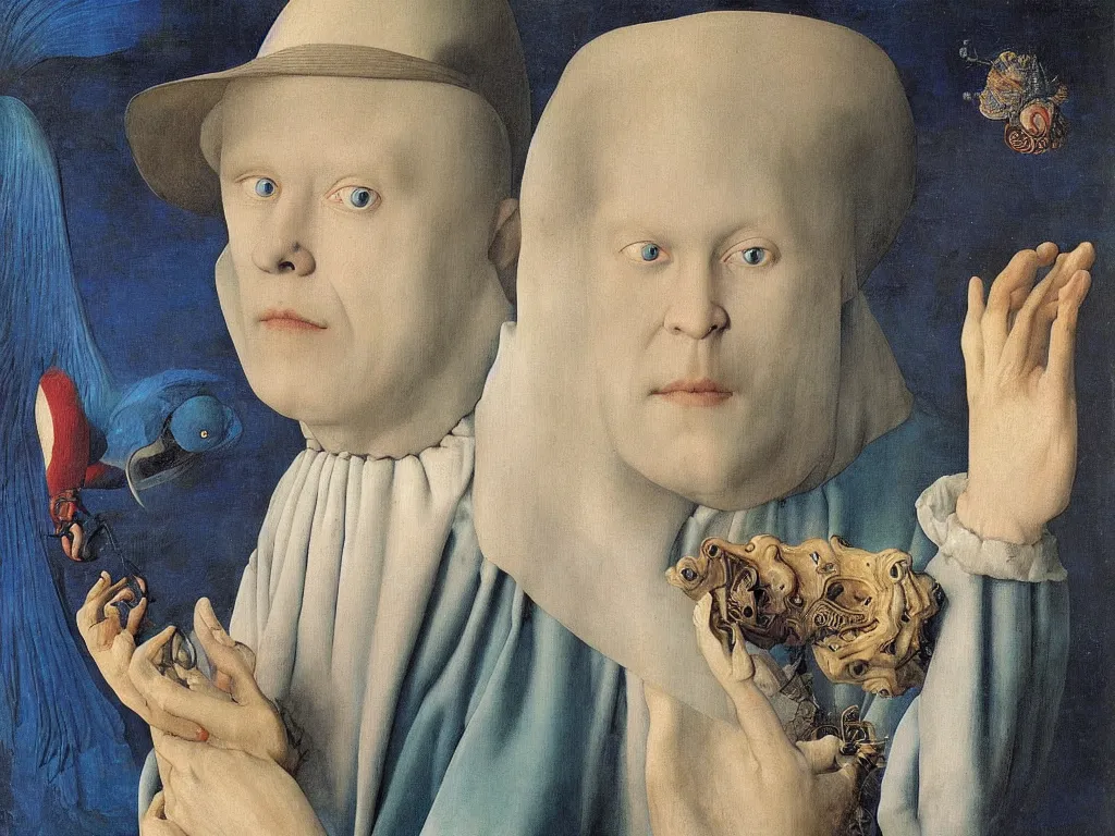 Prompt: Portrait of albino mystic with blue eyes, with beautiful exotic sea shell. Painting by Jan van Eyck, Audubon, Rene Magritte, Agnes Pelton, Max Ernst, Walton Ford