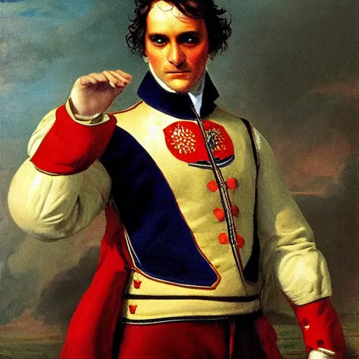 Image similar to joaquin phoenix as napoleon confused whilst storming a castle in napoleonic outift, oil painting