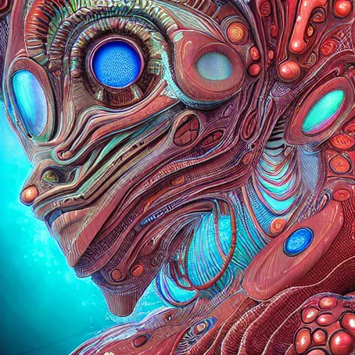 Image similar to Face of a Alien Deity, centered, corals, plume made of geometry, extremly detailed digital painting, sharp focus in the style of android jones, artwork of a futuristic artificial intelligence superstar with frames made of detailed circuits, mystical colors, rim light, beautiful lighting, 8k, stunning scene, raytracing, octane, under water visual distortion, dark tones colors, trending on artstation