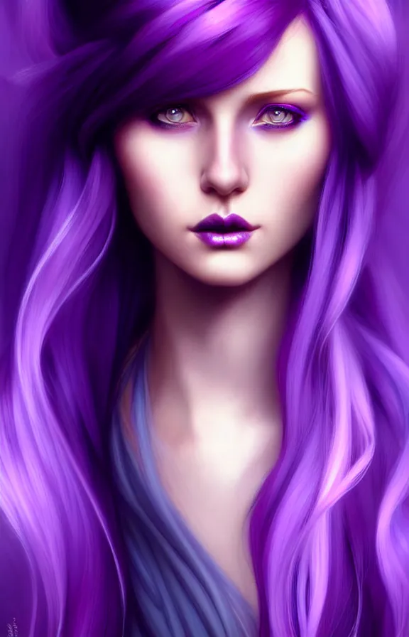 Image similar to Purple hair relistic Portrait of a woman with bright colored hair, all shades of purple. Hair coloring, long hair, blue eyes, fantasy, intricate, elegant, highly detailed, digital painting, artstation, concept art, smooth, sharp focus, illustration, art by artgerm and greg rutkowski and alphonse mucha