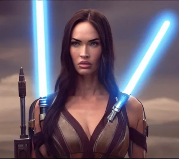 Image similar to Still of Megan Fox on the Jedi Council, being briefed on the clone wars, Star Wars Universe, Cinematic Lighting, beautiful composition, 8K resolution