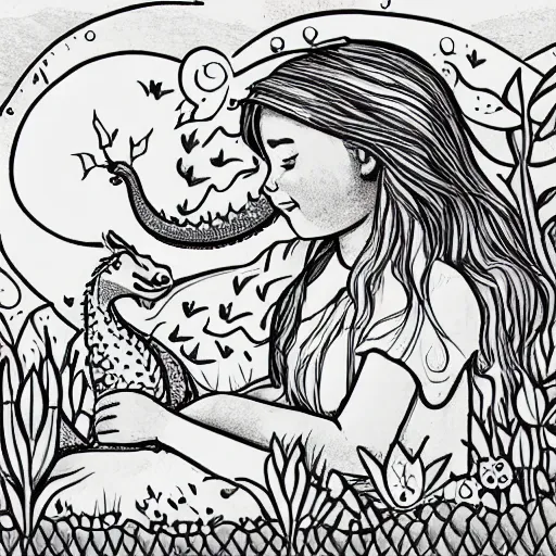 Image similar to a beautiful pencil on paper line illustration of a little girl and her dragon sitting on a hill, watching the sunset. Intricated details, flowers, trees, beautiful line work