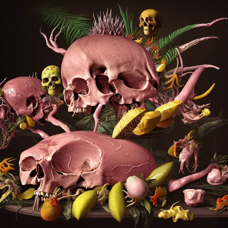 Prompt: still life of beautiful pastel tropical alien flowers, skull, human body parts, tropical fruit, human spine, rotten meat flesh with colorful mold, muscle tissue, spikes, baroque painting, beautiful detailed intricate insanely detailed octane render, 8K artistic photography, photorealistic, chiaroscuro, Raphael, Caravaggio