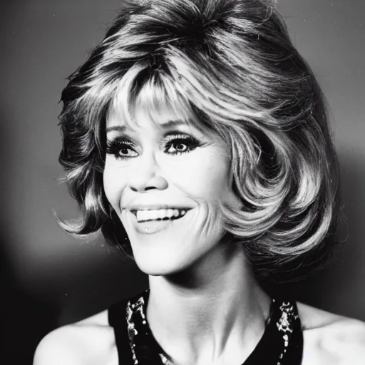 Prompt: Jane Fonda, amused and shy, looking flirtatiously into the camera, polaroid.