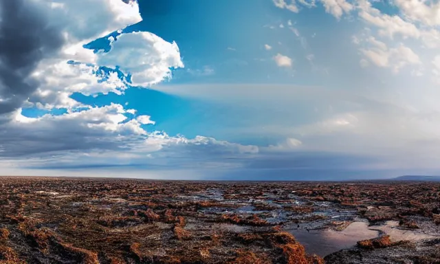 Image similar to beautiful panorama of many magnificent big raindrops flying upwards into the perfect cloudless blue sky above a dried up river surrounded by desolate land and dead trees, blue sky, hot and sunny highly-detailed, elegant, dramatic lighting, artstation, 4k, cinematic landscape, masterpiece photograph by Elisabeth Gadd