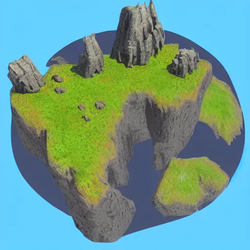 Image similar to 3d model of a fantasy map, lots of islands, tall rocks, ruins, small villages scattered around