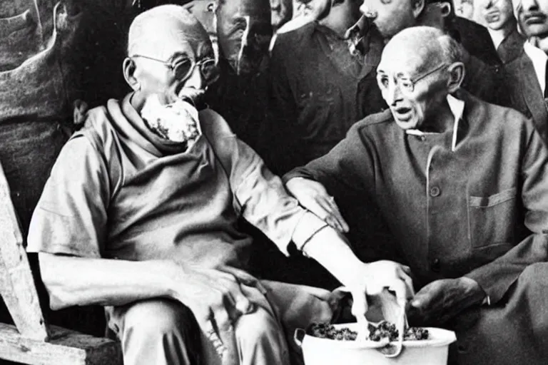 Image similar to candid photograph of ghandi secretly eating a bucket of kfc