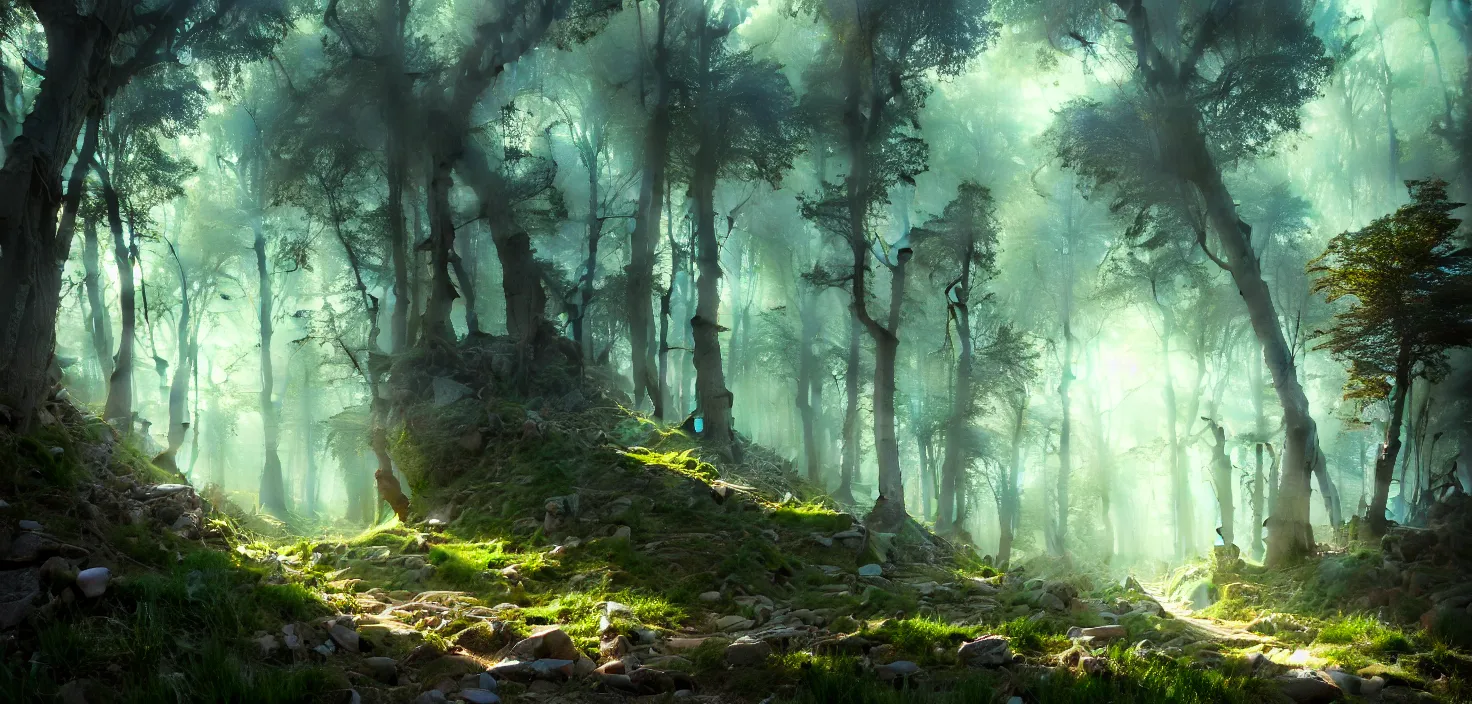 Image similar to random forest path landscape, incredible, vector art, octane render, fabulous, hyper detailed, random cinematic view, no noise, global illumination, warm lighting, volumetric, godrays, vivid, beautiful, by jordan grimmer