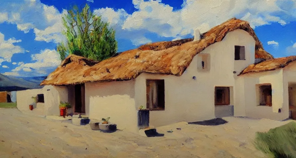 Image similar to an expensive adobe house, blue sky with clouds, beautiful painting, oil on canvas, by ewa czarniecka, award winning masterpiece,