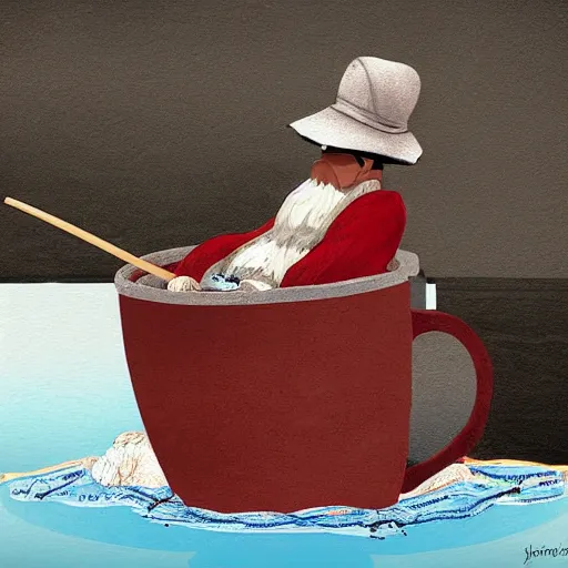 Image similar to a fisherman relaxing in a giant hot chocolate mug,digital art