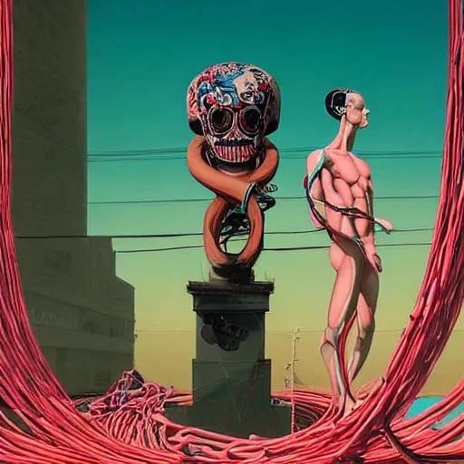 Image similar to Tristan Eaton & Greg Rutkowski, award winning masterpiece with incredible details, Zhang Kechun, a surreal vaporwave vaporwave vaporwave vaporwave vaporwave painting by Thomas Cole of an old pink mannequin head with cables and wires coming out of it's neck, sinking underwater, highly detailed