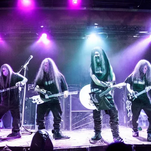 Prompt: photo of a black - metal band of smurfs playing on stage