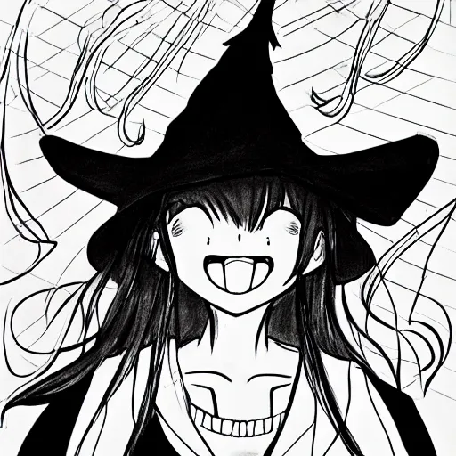 Image similar to an anime drawing of a happy woman in a very large oversized witch hat, anime styled, cute