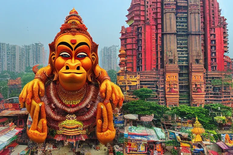 Image similar to high quality 3 d dreamscape! biomorphic hanuman head building in the middle of mumbai!!, kalighat highly detailed, cinematic smooth, stephen shore & john j. park, soft morning light, wide shot, high angle, uhd 8 k, deep focus