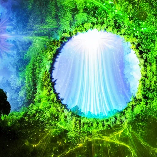 Image similar to A photo realistic green forrest with blue skies, a portal with a blue and orange nebula is showing at the back