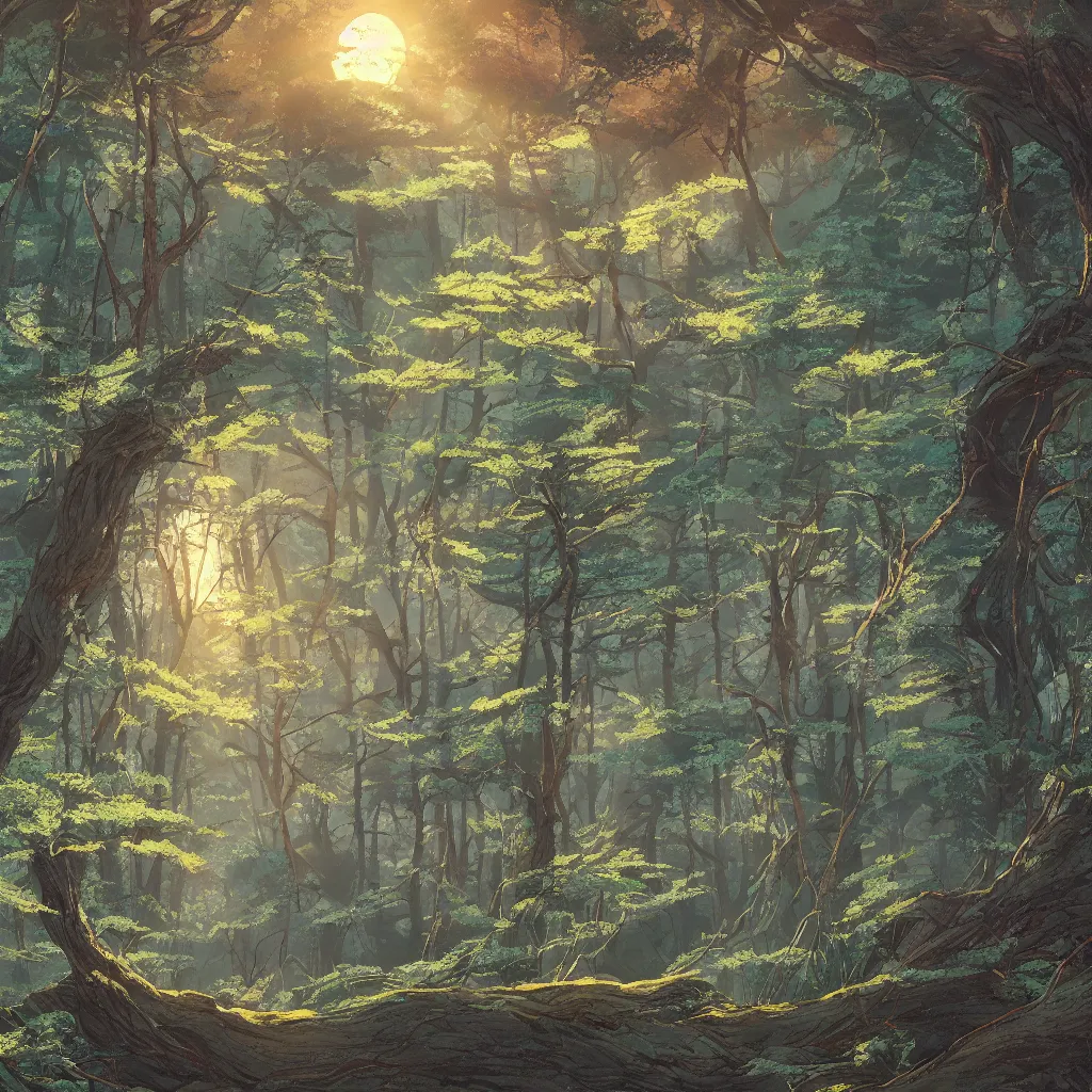 Image similar to sharp focus, breath taking beautiful, Aesthetically pleasing, gouache forest at golden hour, digital concept art background by Hayao Miyazaki and Studio Ghibli, fine art, official media, high definition, illustration, ambient lighting, HDR, HD, UHD, 4K, 8K, cinematic, high quality scan, award winning, trending, featured, masterful, dynamic, energetic, lively, elegant, intricate, complex, highly detailed, Richly textured, Rich vivid Color, masterpiece.