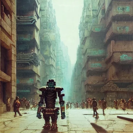 Image similar to mayan cyberpunk robot golem striding through streets of city, perfectly clear face, shadow of the colossus screenshot by j. c. leyendecker, simon stalenhag, studio ghibli, and beksinski