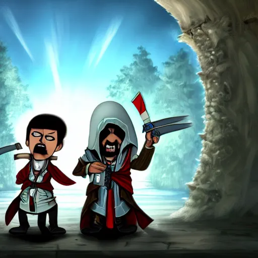 Prompt: mordechai and rigby as assassins creed protagonists