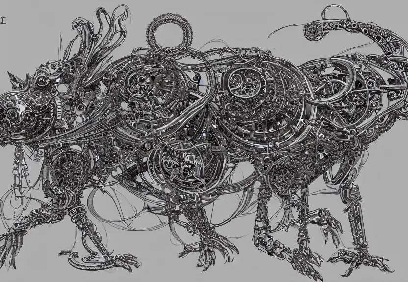 Image similar to 1 / 4 frame, schematic blueprint of highly detailed ornate filigreed convoluted ornamented elaborate cybernetic rat, full body, character design, middle of the page, art by da vinci