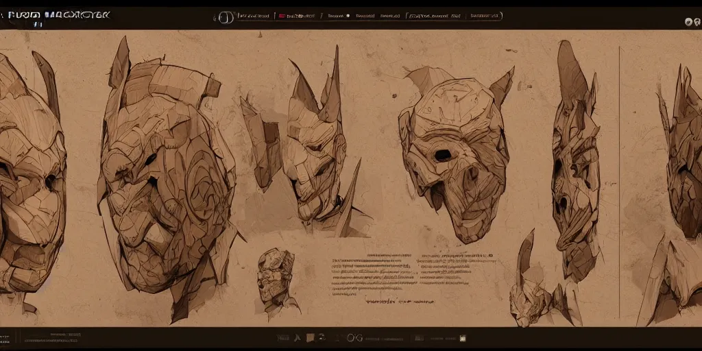 Prompt: wooden mask design, character sheet, Greg Rutkowski, Zabrocki, Karlkka, Jayison Devadas, Phuoc Quan, trending on Artstation, 8K, ultra wide angle, zenith view, pincushion lens effect