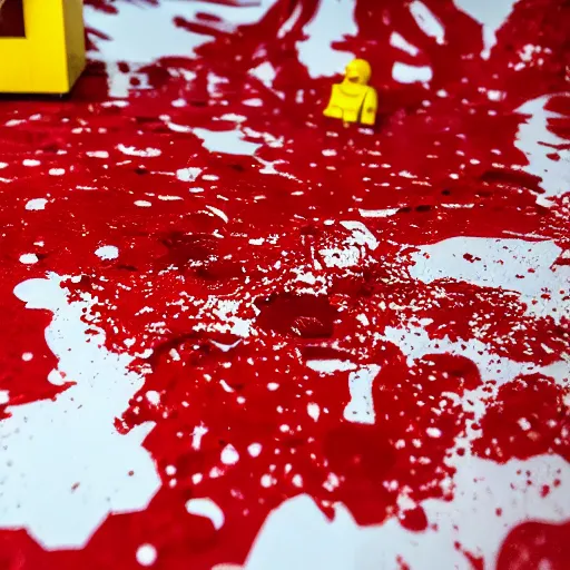 Prompt: photo of a lego set splattered with blood, shiny dark red blood splatter