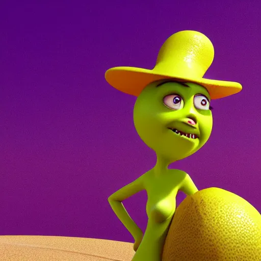 Image similar to 3 d octane render, of a hot anthropomorphic lemon female character inspired by the movie monsters inc, with lemon skin texture, she is wearing a hat, building a sandcastle on the beach at sunset, beach, huge waves, sun, clouds, long violet and green trees, rim light, cinematic photography, professional, sand, sandcastle, volumetric lightening