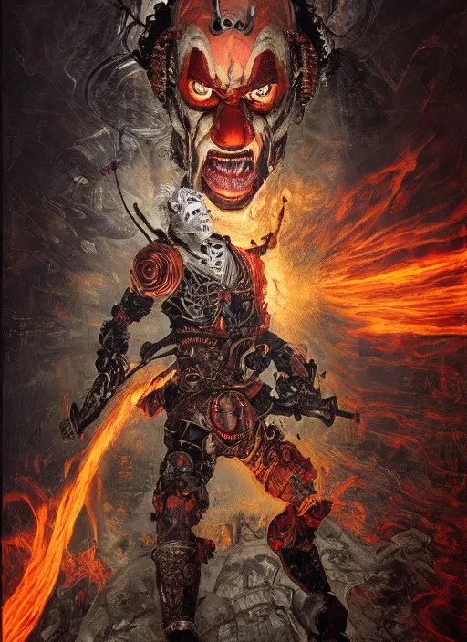 Image similar to portrait of a diabolical cyborg clown samurai on fire, wearing burning torn cape, dynamic pose, glowing eyes, post apocalyptic ancient ruins, glowing veins subsurface scattering, in clouds, sunset, portrait, by gerald brom, by mikhail vrubel, by peter elson, muted colors, extreme detail, reflections, trending on artstation, 8 k