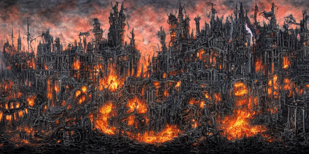 Image similar to Chained fantasy city in hell, by Carl Laubin, with blackened steel chains rising to the sky and castles. Dramatically lit, with intricate details and colours of flame and smoke