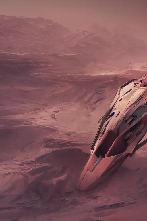 Image similar to professional photograph of a crashed neo - futuristic simplified symmetrical stealth fighter by ilm, denis villeneuve, emmanuel shiu, zaha hadid, dust, vapor, cinematic mars desert scene, red paint detail, manga, dramatic, volumetric, concept art, hard surface, hyperrealism, high detail, trending on artstation, sharp focus, rendered in octane