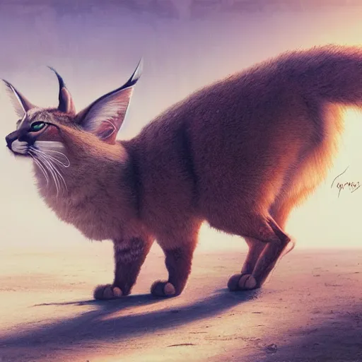 Image similar to intricate drawing of a cute fluffy caracal, cambodian fashion, cyberpunk ornaments, thin strands, porcelain skin, greg rutkowski, james gurney, john berkey, hyperrealistic, backlit