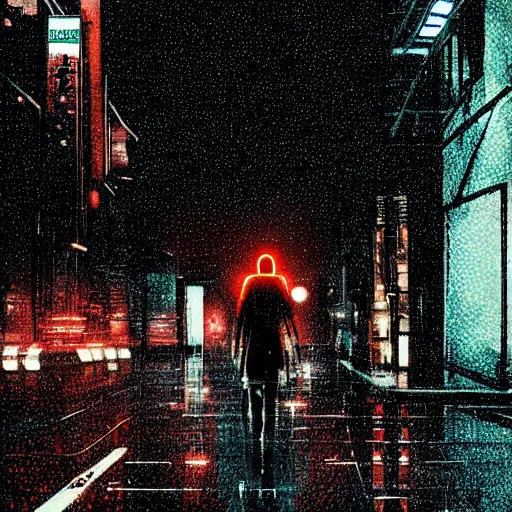 Image similar to cyborg woman, industrial designed, machined parts, illuminated micro led light circuits, walking dog in public, cinematic, raining, tokyo, streets, night, highly detailed, photographic, centered, by saroyama and greg rutkowski and james gurney