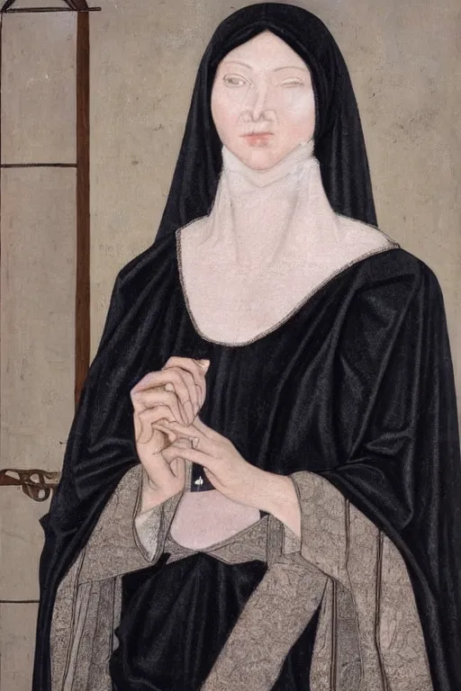 Image similar to hyper - realistic close - up portrait of a medieval woman, pale skin, in a black silk robe, in the сaravaggio style