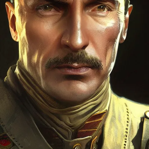 Image similar to Vladimir Putin as General Di Ravello character from Just Cause 3, western, D&D, fantasy, intricate, elegant, highly detailed, digital painting, artstation, concept art, matte, sharp focus, illustration, art by Artgerm and Greg Rutkowski and Alphonse Mucha