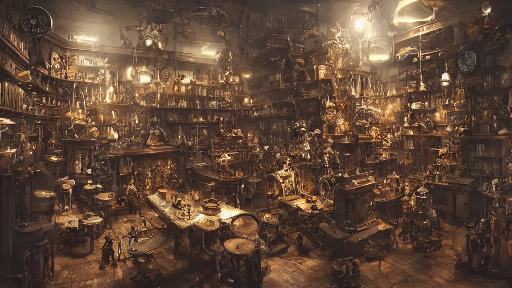 Image similar to A steampunk store, by Danar Worya and Greg Rutkowski, and artgerm, ultra detailed displays of weapons and clockwork machinations densely packed on shelves, volumetric lighting, 8k, unreal engine, trending on artstation