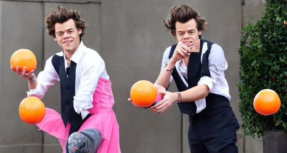 Prompt: harry styles on the moon juggling oranges with a pink skirt